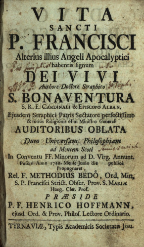 alterius illius Angeli Apocalyptici habentis signum Dei vivi / Authore doctore seraphico S. Bonaventura.....