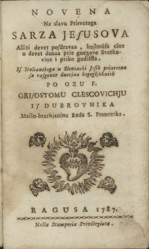 is italianskoga u slovinski jesik prineseno sa rasgovor duscjaa bogogljubnieh po ozu f. Grisostomu Clescovichju is Dubrovnika