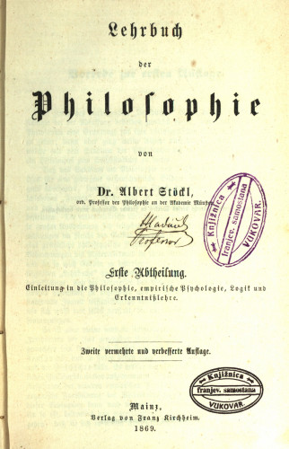 1. Abtheilung: Einleitung in die Philosophie, empirische Psychologie, Logik und Erkenntnislehre, 1. Abt.
